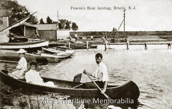 PEARCE'S LANDING, Brielle, NJ – 1905 Pearce's Landing was located in Brielle, New Jersey along the banks of the Manasquan River. Owned by S. Bartley Pearce, this small marina offered boat and canoe rentals. Pearce's built all of their boats and continued to build quality wooden skiffs for many years after they stopped their boat rental operation in the mid-1950s.