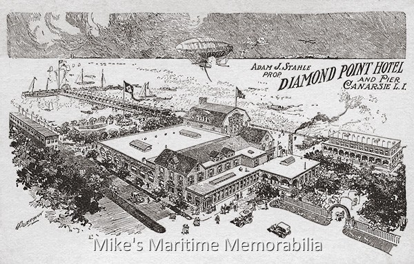 STAHLE'S DIAMOND POINT HOTEL & PIER, Brooklyn, NY – 1918 Located on East 92nd Street in the Canarsie section of Brooklyn, NY, Stahle's Pier was the home to many of the party boats in the Canarsie fishing fleet during the early part of the 20th century.