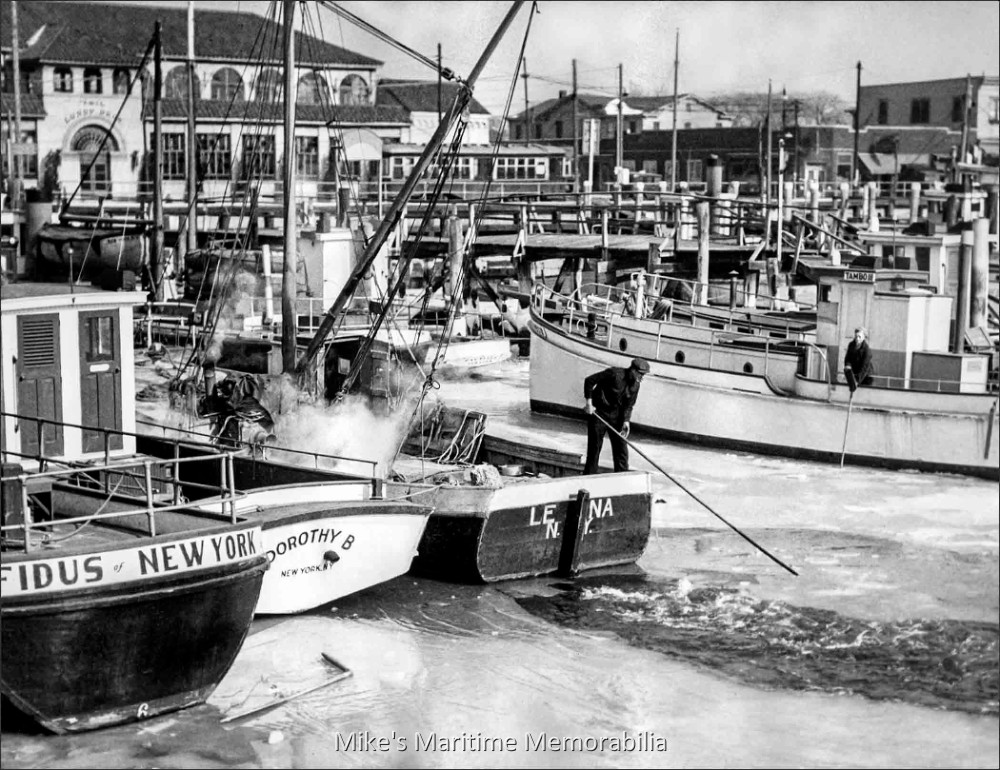 Sheepshead Bay Frozen Over, Brooklyn, NY – 1936 Brr! Sheepshead Bay at Brooklyn, NY frozen over on February 2, 1936. Seen in the photo are the party fishing boats "FIDUS", "DOROTHY B", "TAMBO III" and the "FLYING D II". Captain John 'Candy' Keefe can be seen aboard his "TAMBO III" and the "Lundy Bros. Restaurant" is in the background.