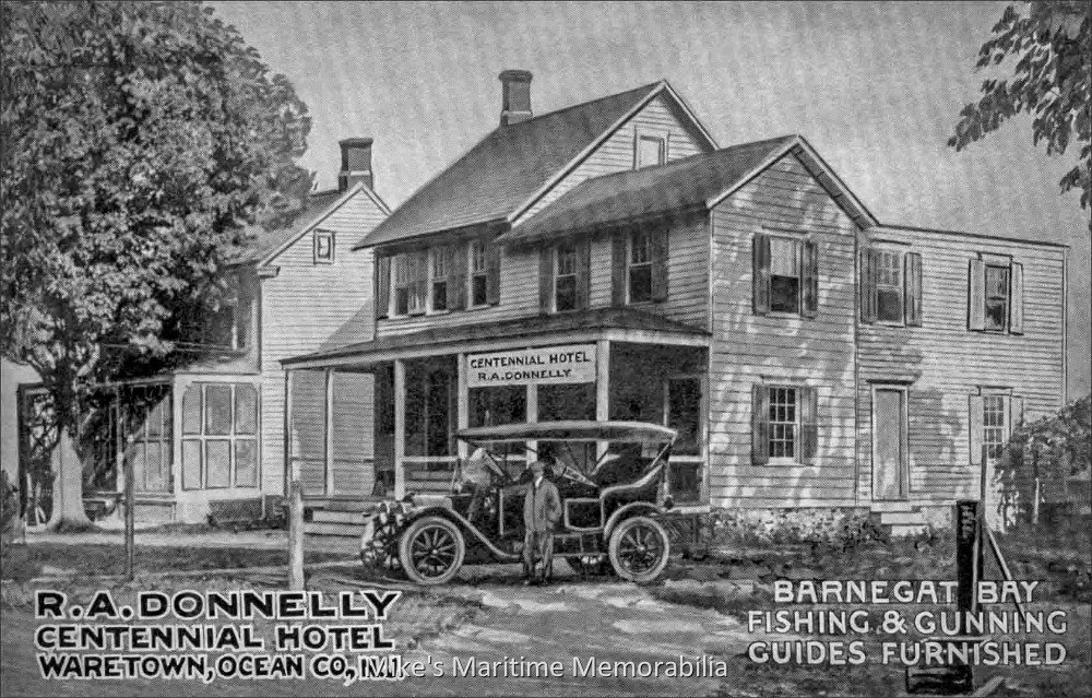 R.A. Donnelly Hotel, Waretown, NJ – 1906 Our April photo additions are just the thing to put a little spring in your step. While you're anxiously waiting to make your first fishing trip of the year, you can enjoy our collection of fifteen wonderful photos of party fishing boats and other memorabilia dating from 1906 through 2017. Over the years we have posted more than 1,700 vintage photos for all to enjoy and the captions on our photos add to the rich and interesting history that is our fishing heritage – enjoy and celebrate it! Thank you for taking the time to view our fishing trip down memory lane. God Bless You and God Bless America! This 1906 postcard depicts the R.A. Donnelly Hotel located in Waretown, NJ. Many of the shore towns located on the west side of Barnegat Bay were ideal locations for offering accommodations to sportsmen who wished to partake in the great fishing and crabbing along the sheltered waters of the Bay.