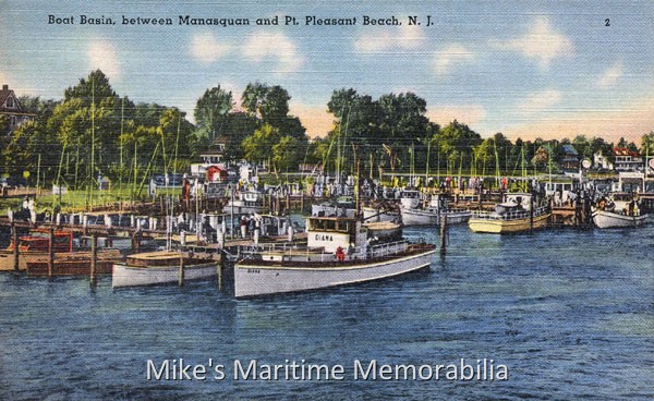 MANASQUAN RIVER YACHT BASIN, Brielle, NJ – 1941 The "Manasquan River Yacht Basin" at Manasquan, NJ circa 1941. The basin was owned by Max Scheibel and featured several of the Bogan family boats. At the dock in the foreground is Captain Bob Ziegler's "DIANA" and at the dock in the background is the Bogan family's original "PARAMOUNT" (the yellowish hull shown stern to) and the "DIXIE" (at the end of the dock.) The N.J. Route 35 bridge now stands where the "DIANA" was moored.