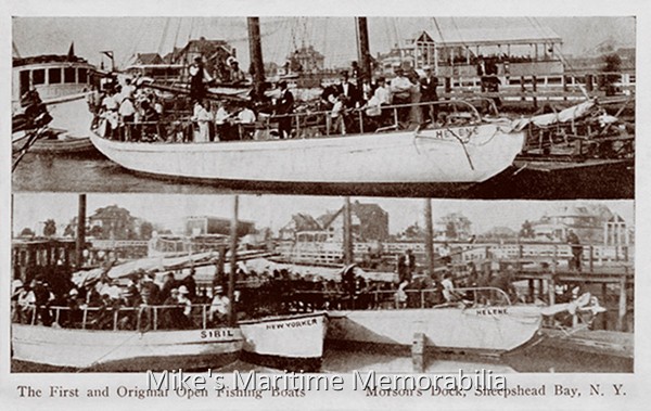 MORSON'S DOCK, Brooklyn, NY – 1913 Established in 1908 and owned by John Morson, "Morson's Dock" berthed the first open party boats in Sheepshead Bay. Shown in this 1913 photograph are the party boats "HELENE", "SIBIL" and "NEW YORKER".