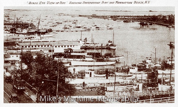 Birdseye View of SHEEPSHEAD BAY, Brooklyn, NY – 1928 This view depicts the hustle and bustle present along Emmons Avenue during this era. Several restaurants were located on the piers, directly alongside the party boats. The converted steam yachts required the captain to 'ring the engine room' for reverse gear. If the engineer did not respond quickly enough, the bowsprit of the vessels would sometimes go crashing into through the restaurant windows. (Yikes!) During 1936 and 1937, the Works Projects Administration (WPA) replaced these piers and docks. The new piers were modern and made it easy for anglers to locate their favorite party boat, but the 'mystique' of Sheepshead Bay would be forever lost.