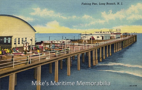 LONG BRANCH FISHING PIER, Long Branch, NJ – 1950 A postcard of the Long Branch, NJ Fishing Pier circa 1950. A spectacular fire on June 8, 1987 destroyed the pier and its skeleton was finally demolished ten years later.