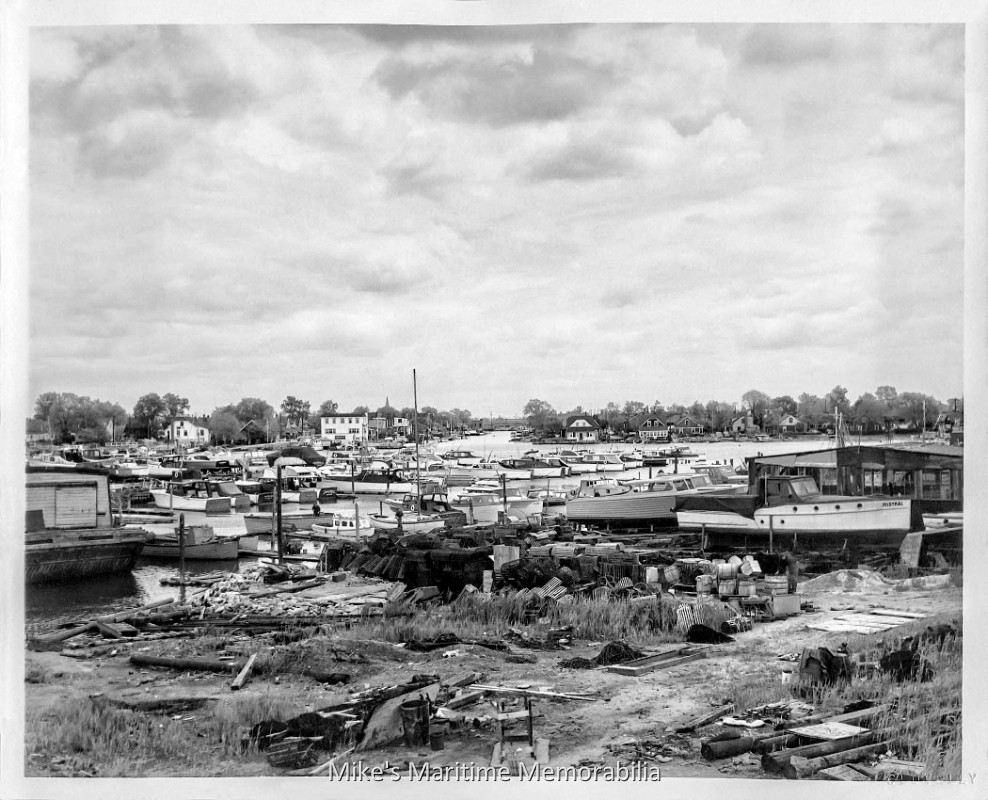 Sheepshead Bay, Brooklyn, NY – 1953 A few of the thousands of pleasure boats and fishing craft concentrated at Sheepshead Bay, Brooklyn, NY, one of the largest seaports on the Atlantic coast. This photo was taken circa 1953 from the eastern end of Voorhies Ave near the Brooklyn Yacht Club. The view is across Shell Bank Creek and Gerritsen Beach is in the background. Photograph by Cecil Clovelly.