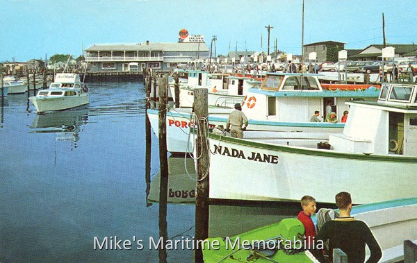 CAPE ISLAND MARINA, Cape May, NJ – 1963 The Cape Island Marina at Cape May, NJ circa 1963. In the foreground are Captain Ed Reilly's FIESTA, Captain Walter Schick's "NADA JANE" and Captain Ed Reilly's "PORGY III".