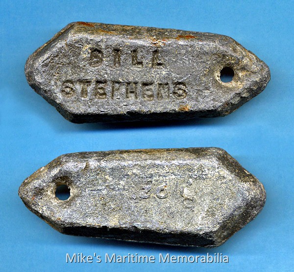CAPTAIN BILL STEPHENS Sinker – 1925 Captain Bill Stephens was a longtime and famous party boat captain from Sheepshead Bay. During his tenure, he skippered the "YANKEE DOODLE", the "VELOCITY" and the converted steam yacht "AU-REVIOR". Veteran diver Captain Paul Hepler of the "VENTURE III" recovered this eight-ounce slab sinker from an undisclosed New Jersey coast shipwreck. Personalized fishing sinkers such as this were very common aboard party boats during the 1920s and 1930s. Local divers indicate that these 'old style' sinkers are only found on inshore wrecks and rock structures, which agrees with the facts that boatmen of the era relied on visual shore ranges to locate their wrecks, and that the abundance of fish at the time made it unnecessary to angle far offshore. Sadly, divers collected these types of sinkers from the ocean floor for years and sold them as scrap metal, and very few have survived. We consider ourselves very lucky to have this sinker and others like it on display. Sinker courtesy of Captain Paul Hepler of VENTURE III Charters, Belmar, NJ.