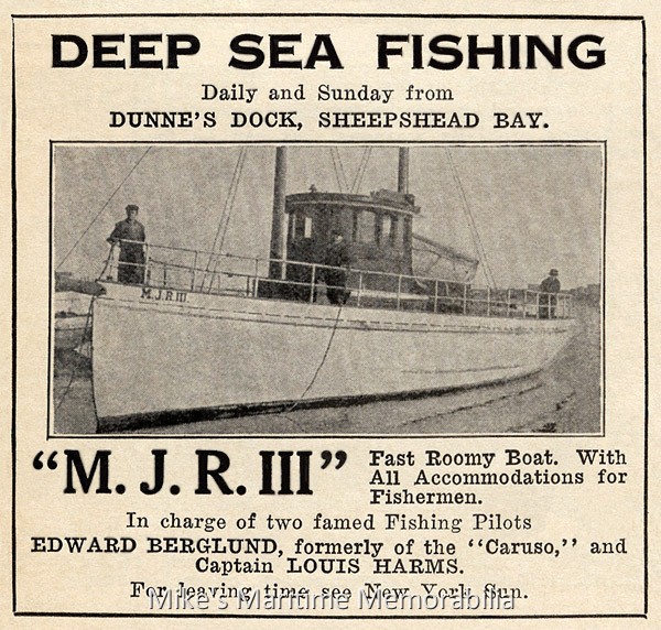 MJR III Advertisement, Brooklyn, NY – 1919 A 1919 advertisement for the "MJR III". Built in 1903, the "MJR III" sailed from Sheepshead Bay, Brooklyn, NY as a party boat for over twenty years. She would later become one of the first party boat casualties of the area when she was struck by the freighter "S.S. ANGELINA" on May 3, 1936 while fishing at the 'Subway Rocks' in a heavy fog. The collision split the "MJR III" into two sections and she sank.
