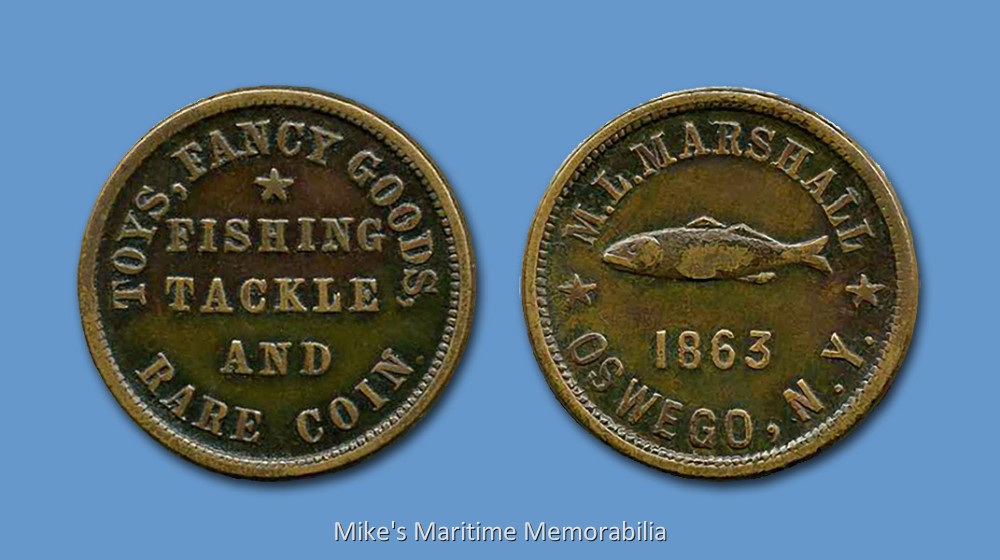 M.L MARSHALL TACKLE CO. Token, Oswego, NY – 1863 This 1863 token was produced by Marshall Fishing Tackle and used as cash. Privately minted tokens were widespread between 1861 and 1865 and distributed in the Northeast and Midwest. Many businesses minted their own coins because they could not complete sales transactions due to the scarcity of government issued one-cent coins during the Civil War era.
