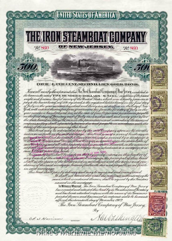 IRON STEAMBOAT COMPANY Stock Certificate – 1902 A $500 stock certificate issued by the Iron Steamboat Company of New Jersey. The Iron Steamboat Company was started in 1880, and operated excursion boats and made daily trips to the fishing banks between 1904 and 1932. The Company's fleet included the multi-deck, coal-fired sidewheelers "SIRIUS", "CEPHEUS", "GRAND REPUBLIC", "PEGASUS" and the "TAURUS". The Iron Steamboat Company went bankrupt in February 1933 and all of the company's assets and vessels were sold at auction. Although most of their boats sailed from New York City, their main office was located at Long Branch, New Jersey.