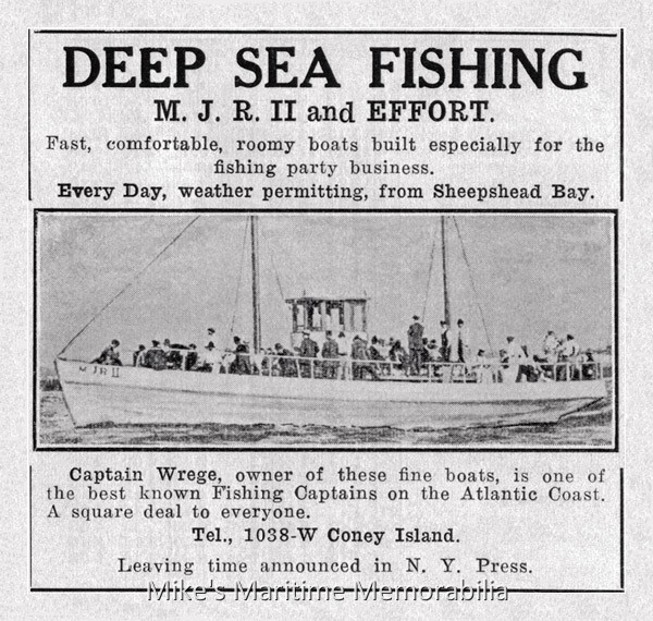 MJR II and EFFORT Advertisement, Brooklyn, NY – 1913 A 1913 newspaper advertisement for Captain Fred Wrege's "MJR II" and "EFFORT" sailing from Sheepshead Bay, Brooklyn, NY.