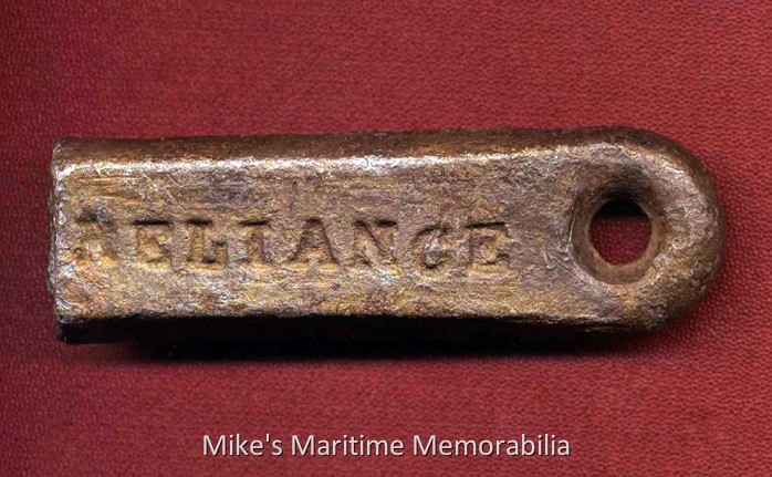 RELIANCE Sinker, Wreck Lead, NY – 1930 This sinker dates from about 1930 and it was recovered in 2011 from the wreck of the "DELAWARE" located off the coast of Bay Head, New Jersey by local diver 'Bartman' aboard the dive boat "GYPSY BLOOD". During the 1920s and 1930s, it was popular for party boats to personalize their fishing sinkers. Many captains inscribed their sinker molds with their name or the name of their vessel. At the time the "RELIANCE" sailed from Wreck Lead, New York under the command of Captain Herman Toby. Sinker courtesy of 'Bartman'.