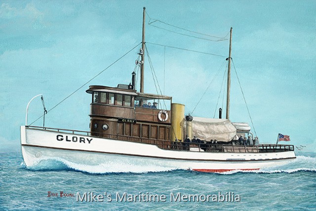 GLORY Painting, Brooklyn, NY – 1930 / 2004 The "GLORY" from Sheepshead Bay, Brooklyn, NY is Mike's favorite party boat and in 2004, he commissioned maritime artist David Boone from Oaklyn, NJ to create this beautiful watercolor painting. The painting depicts the "GLORY" as she appeared in 1930, with all of her fine mahogany woodwork on display.