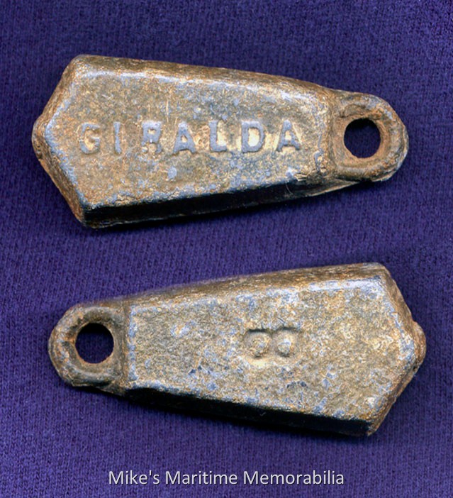 GIRALDA Fishing Sinker – 1930 A fishing sinker from the "GIRALDA", Sheepshead Bay, Brooklyn, NY. This sinker dates from the 1930s and a diver recovered it from the "Sea Bright Grounds". During the 1920s and 1930s, it was popular for party boats to personalize their fishing sinkers. Many inscribed their sinker molds with the name of the vessel or its Captain (or sometimes both.) Courtesy of Captain John Bogan Jr.