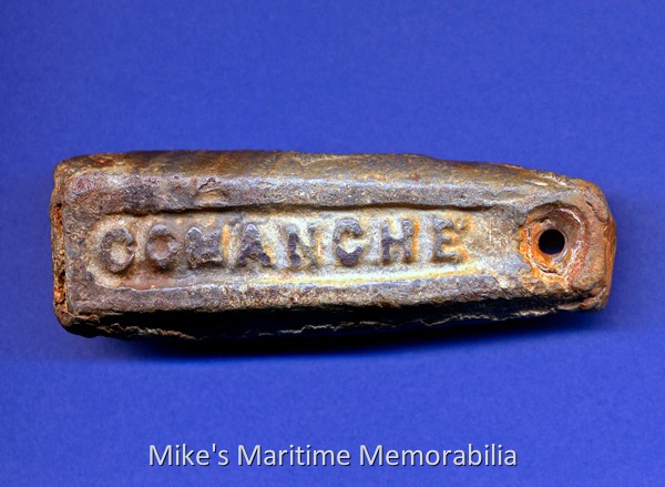 COMANCHE Fishing Sinker, Brooklyn, NY – 1930 A fishing sinker from the "COMANCHE", Sheepshead Bay, Brooklyn, NY. This sinker dates from about 1930 and a local diver recovered it off the New Jersey coast. During the 1920s and 1930s, it was popular for party boats to personalize their fishing sinkers. Many inscribed their sinker molds with the name of the vessel or its Captain (or sometimes both.) The party boat "COMANCHE" sailed from Sheepshead Bay Brooklyn from 1922 to 1931 under the command of Captain Joe Moravoc. In 1931, Captain Lou Dodge purchased the "COMANCHE" and he continued sailing with her until 1945. Courtesy of Captain John Bogan Jr.
