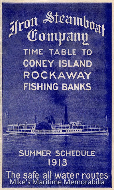 IRON STEAMBOAT COMPANY Summer Schedule – 1913 The cover of the 1913 Iron Steamboat Company summer schedule featured the triple-deck sidewheeler "SIRIUS". The Company's fleet also included the vessels "CEPHEUS", "GRAND REPUBLIC", "PEGASUS" and the "TAURUS". However, the 234-foot triple-deck coal-fired steamer "TAURUS" was the only one of their vessels that sailed to the 'Fishing Banks' daily.