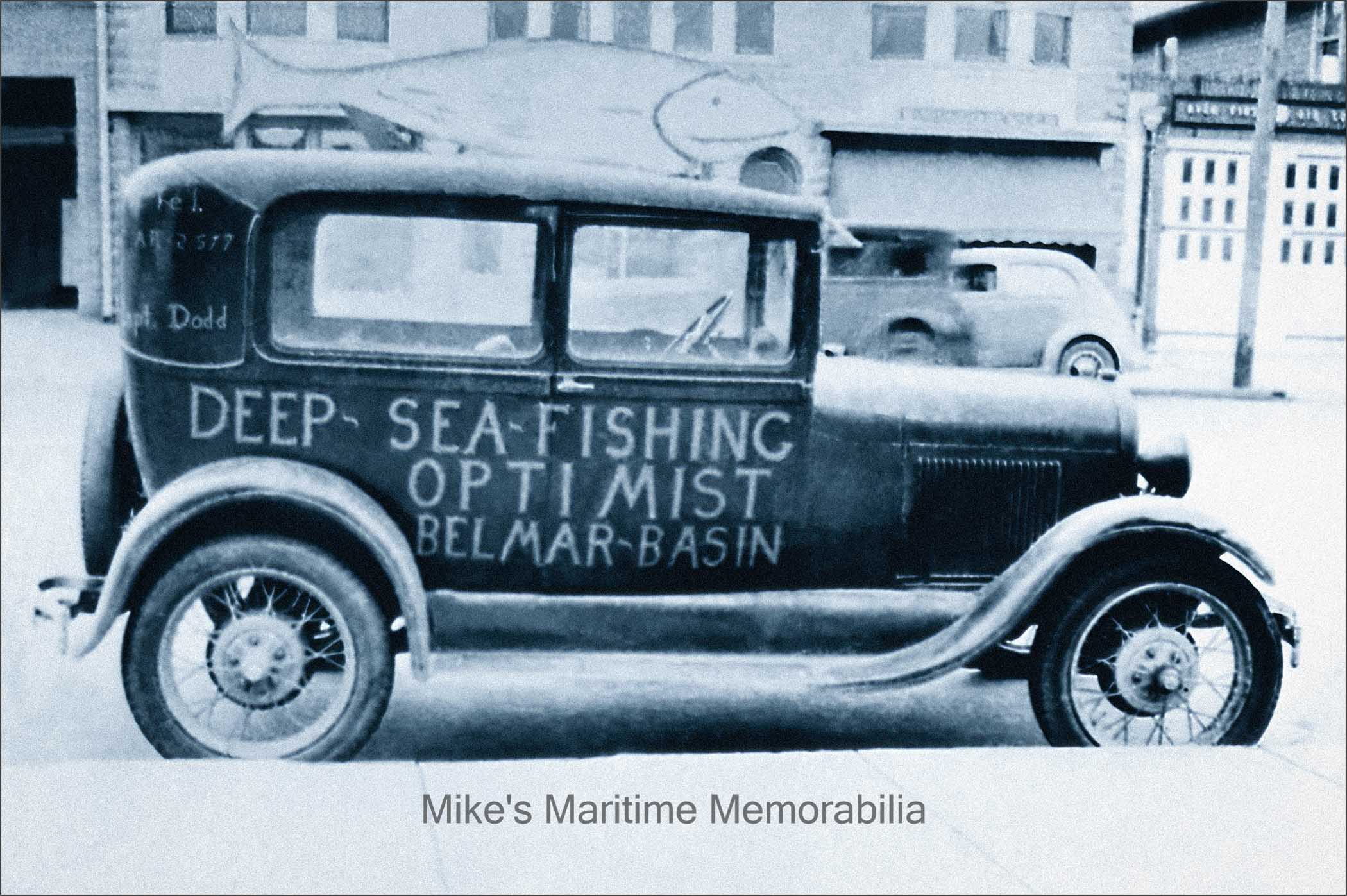 OPTIMIST MODEL A FORD, Belmar, NJ – 1940 Captain Charlie Dodd used to drive around with this Model A Ford with the fish on top as a neat way to advertise his boat, the "OPTIMIST", from Belmar, NJ. The photo was taken in 1940 when Captain Dodd operated only one boat; he added the "OPTIMIST II" in 1941 and the "OPTIMIST III" in 1942. The photo is courtesy of Captain John Bogan Jr.