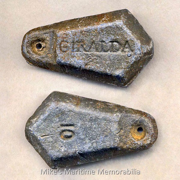 GIRALDA Sinker, Brooklyn, NY – 1935 A 10-ounce fishing sinker from the "GIRALDA", Sheepshead Bay, Brooklyn, NY. Veteran diver Captain Paul Hepler recovered this 1935 slab sinker from an undisclosed shipwreck off the New Jersey coast. During the 1920s and 1930s, it was popular for boatmen to personalize their fishing sinkers. Many inscribed their sinker molds with the name of the vessel, its captain or sometimes both. The slab style sinker was the preferred sinker shape for New York based party boats of this era. Sinker courtesy of Captain Paul Hepler of the dive vessel "VENTURE III".