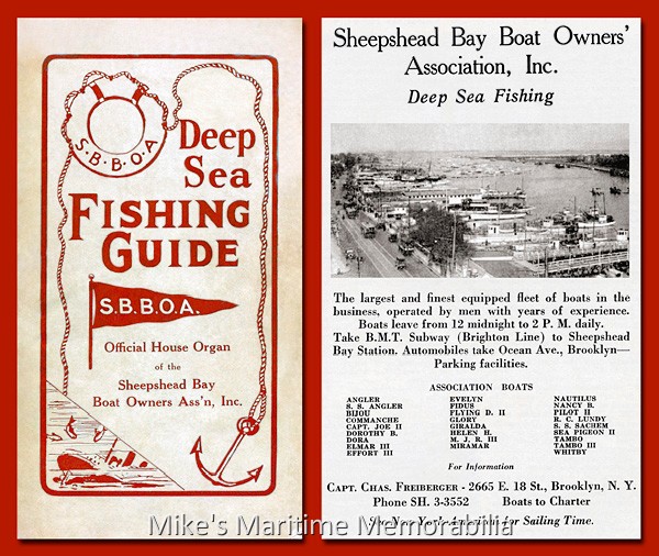 SBBOA Fishing Guide, Brooklyn, NY – 1935 The cover and first page for the 1935 edition of the Sheepshead Bay Boat Owners Association (SBBOA) Fishing Guide. Designed to promote the fishing fleet at Sheepshead Bay, booklets like this one were available aboard the Sheepshead Bay party boats and at local shops. The first page shows a vintage photo of the fleet and a list of "vessel members". The booklet also provided directions to the fleet, a chart of the local fishing grounds, recipes to prepare your catch, boat advertisements, and a personal log section to record your catches for the year.
