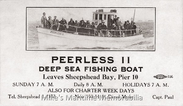 PEERLESS II Advertising Card, Sheepshead Bay, NY – 1936 A 1936 advertising card for Captain Paul Haesler's "PEERLESS II" sailing from Sheepshead Bay, Brooklyn, NY. The "PEERLESS II" was built 1921 at Astoria, NY.