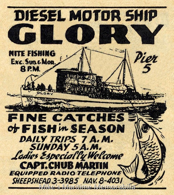 GLORY Advertisement, Brooklyn, NY – 1939 A 1939 newspaper advertisement for Captain Jacob 'Chubby' Martin's "GLORY" sailing from Sheepshead Bay, Brooklyn, NY.