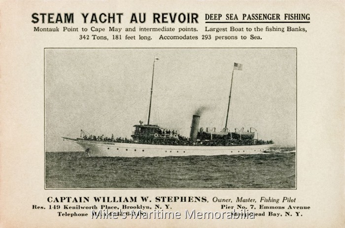 AU REVOIR Advertising Card, Brooklyn, NY – 1935 This advertising card depicts Captain Bill Stephens' "AU REVOIR" from Pier 7 at Sheepshead Bay, Brooklyn, NY circa 1935. The "AU REVOIR" was the largest vessel to sail from Sheepshead Bay at the time. She sailed from Sheepshead Bay until 1937.