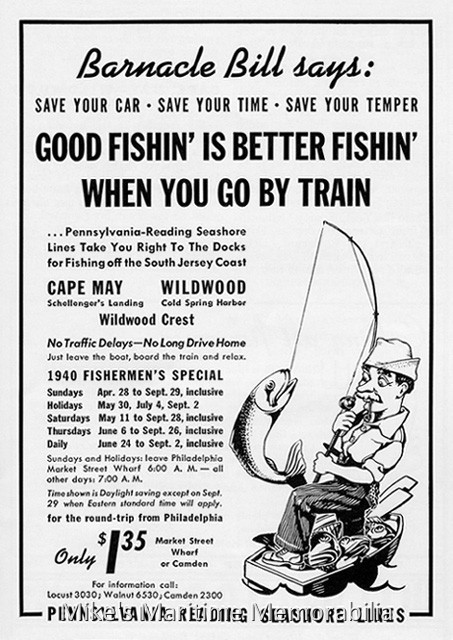 FISHERMAN'S SPECIAL TRAIN – 1940 Take the Pennsylvania-Reading Seashore Line's 'FISHERMAN'S SPECIAL' from Philadelphia, PA to the boat and back. In 1940, it only cost a buck thirty-five for a round trip. Party and charter boats in Cape May and Wildwood, NJ eagerly awaited the trainload of anglers during the summer months. It was popular for both captain and angler alike.