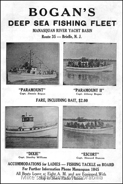 BOGAN FISHING FLEET Advertising Poster, Brielle, NJ – 1938 This 1938 poster depicted the vessels in the Bogan family's fishing fleet from Brielle, NJ. Shown on the poster are the "PARAMOUNT" (a seized 'rumrunner'), the "PARAMOUNT II", the "DIXIE", and the "ESCORT". All of these boats were built at Brooklyn, NY (and boatbuilder Ernest Fiedler constructed three of them.)