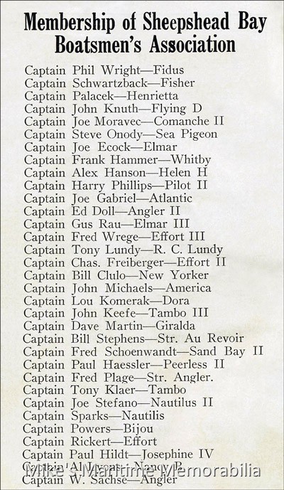 SHEEPSHEAD BAY BOATSMEN'S ASSOCIATION, Brooklyn, NY – 1933 This 1933 membership roster lists many of the famous boats that sailed from Sheepshead Bay, Brooklyn, NY. The Association, comprised of party boat owners and Captains, created a list of bylaws for conducting business in an orderly fashion along the piers of Sheepshead Bay. They also recognized the damage that unfettered commercial fishing activities were doing to the environment and to the fish stocks, and encouraged a ban on commercial fishing at certain inshore areas.
