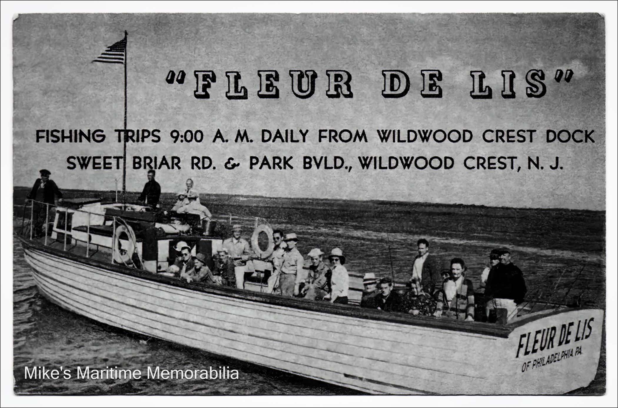 FLEUR DE LIS Advertising Sign, Wildwood Crest, NJ – 1946 This vintage 1946 advertising sign is for Captain Harry Sinn's party fishing boat "FLEUR DE LIS" from Wildwood Crest, NJ. Her lapstrake planking and low profile hull are remnants of her "rumrunner" days prior to party boat fishing.