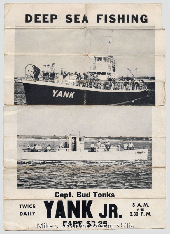 YANK Adverting Flyer, Point Pleasant Beach, NJ – 1955 A 1955 advertising flyer for Captain Bud Tonks' "YANK" and "YANK JR." sailing from Point Pleasant Beach, NJ. Flyer courtesy of Captain John Bogan Jr.