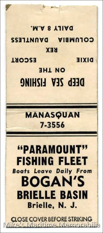 BOGAN'S BASIN Matchbook Cover – 1950 This vintage 1950 matchbook cover advertised the Paramount Fishing Fleet located at "BOGAN'S BRIELLE BASIN", Brielle, NJ.