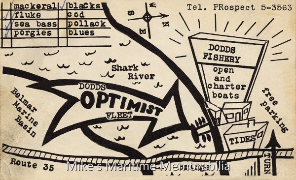 Postcard for DODD'S OPTIMIST FLEET – 1958 An advertising postcard from "DODD'S OPTIMIST FLEET" from Belmar, NJ circa 1958. The check marks show which fish were running at the time the postcard was mailed.