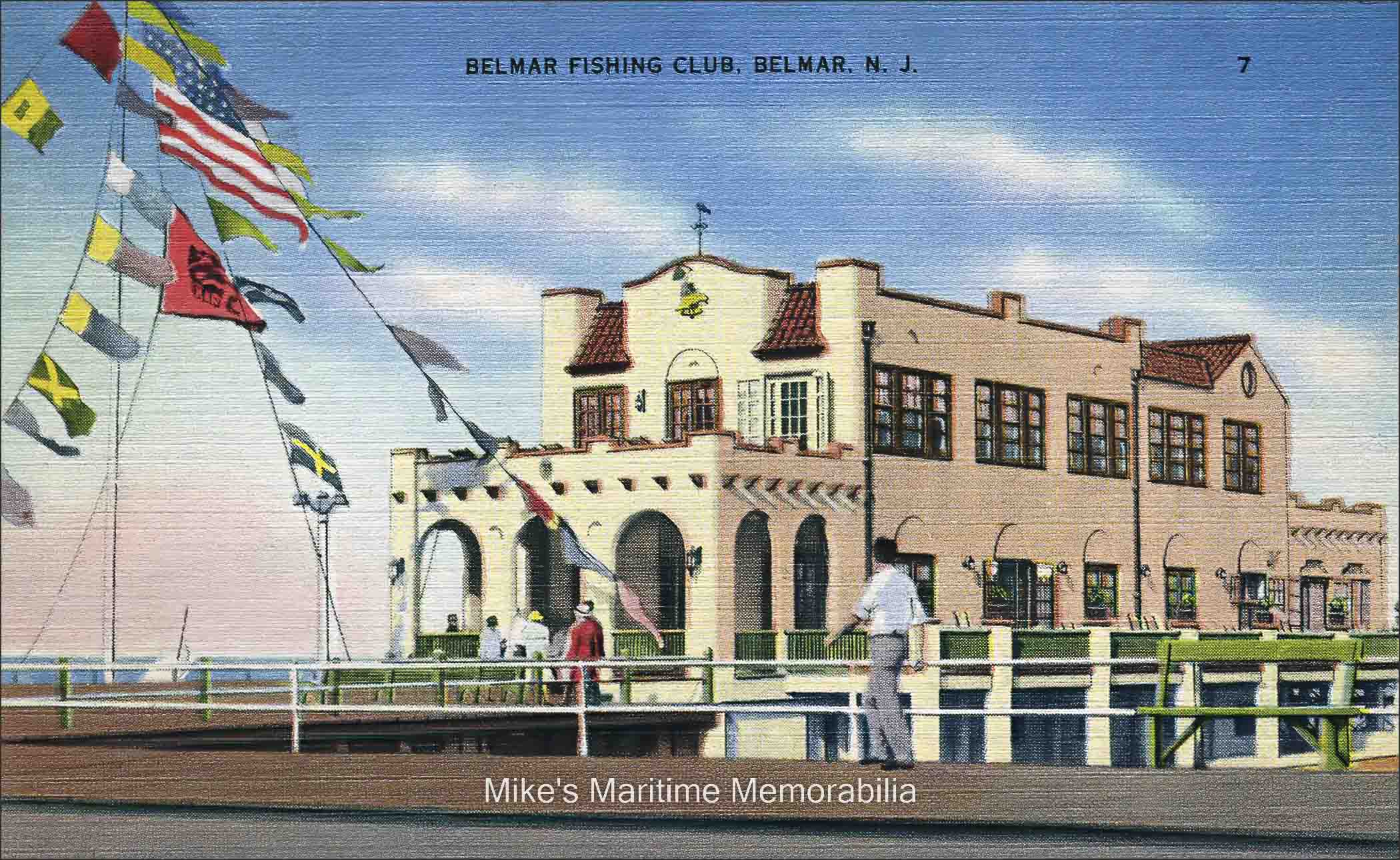Belmar Fishing Club, Belmar, NJ – 1947 The Belmar Fishing Club was first organized on September 1, 1909 with forty-nine charter members. Annual dues were set at only $1. Soon after, arrangements were made with the Ocean Pier Company to construct a clubroom and for the use of an existing pier. In order to provide a meeting place, the Ocean Pier Company built the original clubroom at the foot of the pier. In 1929, the Club built a new and larger clubhouse to meet the demands of its growing membership. Although the pier has been the victim of many ocean storms over the years and had to be rebuilt and repaired on numerous occasions, the clubhouse at 100 Ocean Ave. remains intact and has changed very little.