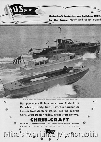 Chris-Craft Boat – 1942 A Chris-Craft Corporation boat advertisement from "Motor Boating" magazine June 1942. During World War II, all new boats went to our armed services, but the advertisement was trying to sell existing pre-war stock.
