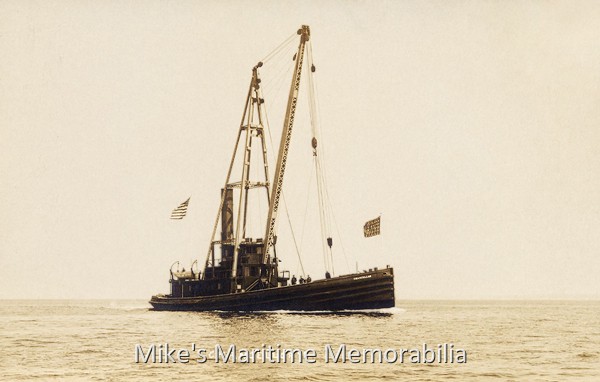 CHANCELLOR, Merritt & Chapman Derrick & Wrecking Co. – 1920 The derrick boat "CHANCELLOR" was one of the many vessels owned and operated by the Merritt & Chapman Derrick & Wrecking Company of New York City. The "CHANCELLOR" was built in 1910 at Tottenville, Staten Island, NY. Founded in 1860 by Israel Merritt, the company specialized in marine salvage, underwater operations, maritime investigation and later on, in marine construction projects. In 1898, the U.S. War Department hired Merritt & Chapman to determine the cause of the explosion that destroyed the "USS MAINE" in Havana, Cuba, the incident that led to the Spanish-American War. The most famous operation carried out by Merrit & Chapman was the salvage of the French liner "NORMANDIE" after she burned and capsized in 1942 at Pier 88 in New York City. The ship was righted in 1943 in the world's most expensive salvage operation. Merritt & Chapman ceased operations in 1971.