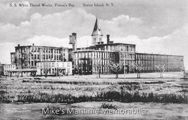 S.S. White Dental Works, Staten Island, NY – 1922 The S.S. White Dental Works factory was built in 1881 at Seguine Point along the shore of Princes Bay, Staten Island, NY. S. S. White was a dental equipment and supply manufacturer and the factory was a landmark for one of the favorite fluke fishing grounds for several generations of Raritan Bay anglers. The factory was demolished in the late 1980s to make way for a condominium development.