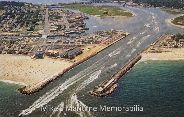 Manasquan Inlet, NJ – 1980 A 1980 aerial view of the Manasquan Inlet, located between the New Jersey shore towns of Manasquan and Point Pleasant Beach. When the Point Pleasant Canal opened in 1926, water from the Manasquan River flowed through the canal and into Barnegat Bay instead of through the inlet and into the ocean – oops! This caused sand to build up for several hundred yards at the end of the inlet and completely close it from 1926 through 1929. In early 1930, the U.S. Army Corps of Engineers started construction of two jetties (the rocks came from excavation for the Second Avenue subway in New York City) and began dredging the inlet. The dredging lasted until mid-1931 and the inlet was officially reopened on August 29, 1931. They tossed quite a party at the opening celebration highlighted by a large water parade attended by thousands of residents, NJ Governor Morgan F. Larson and scores of politicians.