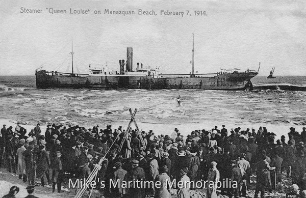 Wreck of the Queen Louise, Manasquan, NJ – 1914 The steamer "Queen Louise" aground in the surf at Manasquan, NJ circa 1914. You can see the rescuers bringing a passenger to shore using a Breeches Buoy. Once used by the U.S. Life Savers service, it is a pair of canvas breeches hanging from a belt–like life buoy which was usually made of cork. This contrivance, including the person to be rescued, was hung by short ropes from a pulley which ran on a rope stretched from the ship to the shore, and was drawn to land by hauling lines.