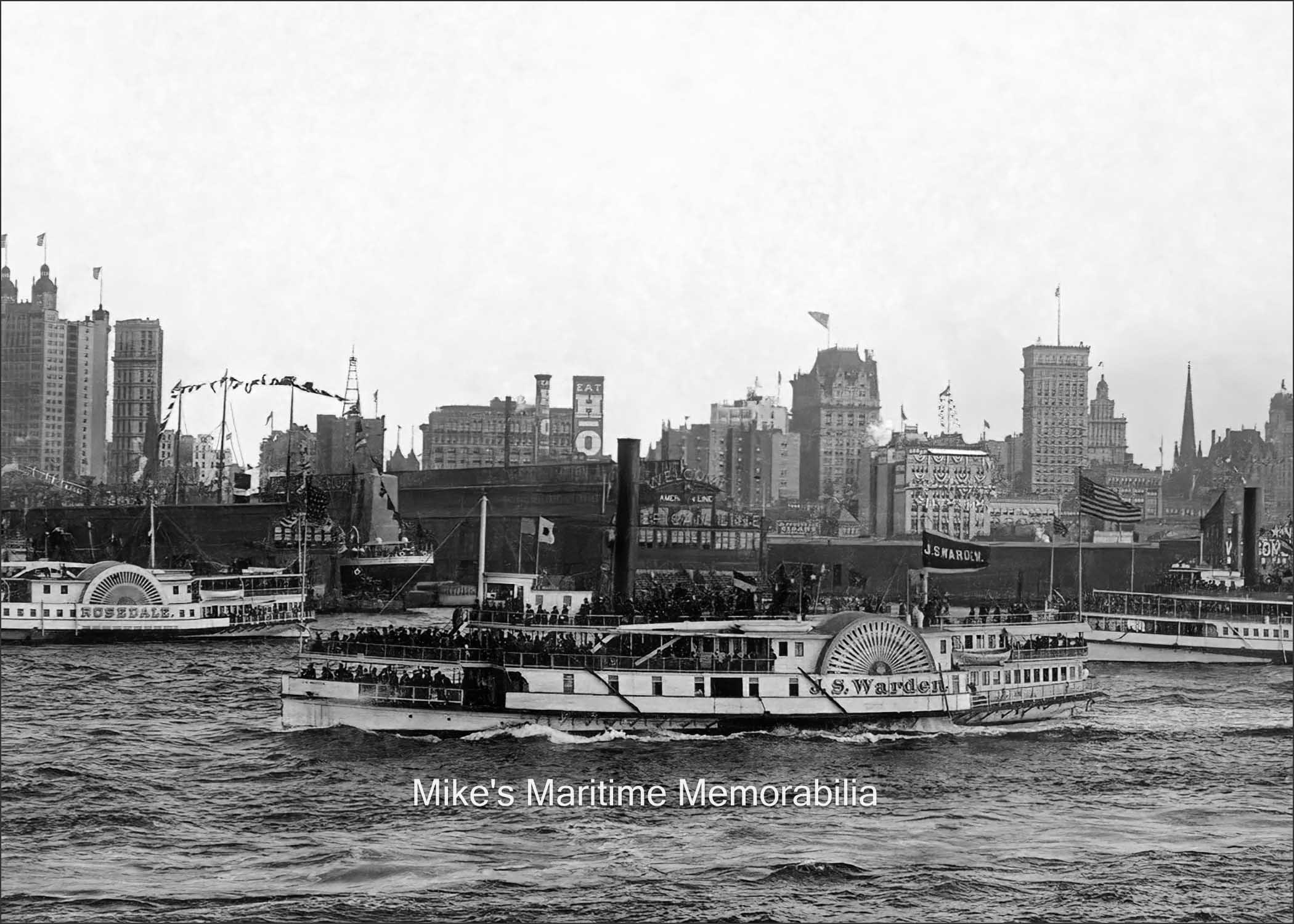 J.S. WARDEN, New York, NY – 1895 The "J.S. WARDEN" was another triple-decker sidewheeler steamboat that made regular trips from Manhattan to the local fishing banks. She was 172 feet in length and was built in 1863 at Jersey City, NJ as the "ELIZA HANCOX". Captain Henry Beebe, who was another pioneer party boat pilot, operated her as the "J.S. WARDEN". Like Captain Albert Foster, he too located and named several local fishing areas including the "Klondike Banks".