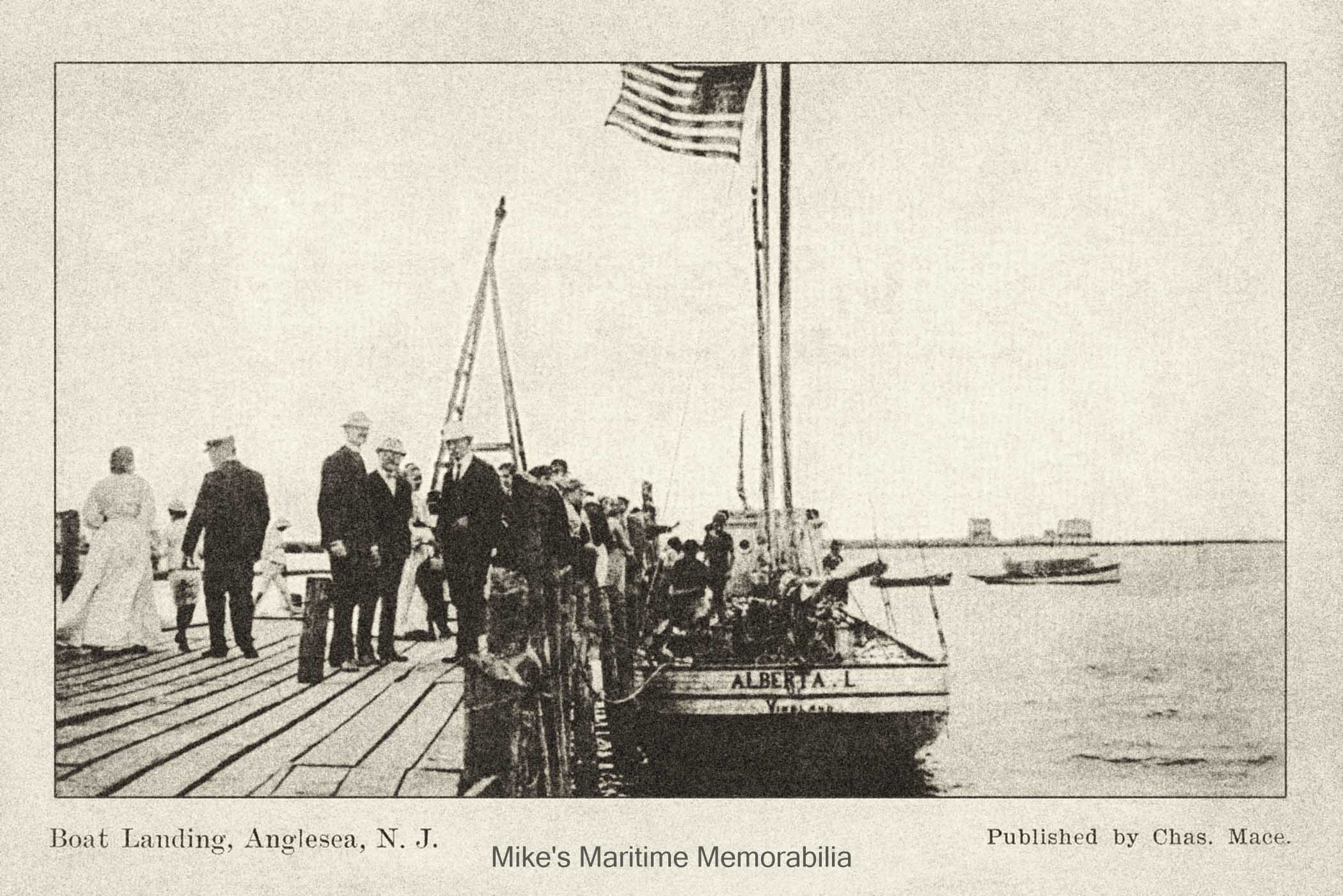 ALBERTA L., Anglesea, NJ – 1906 The "ALBERTA L." from Mace's Pier at Anglesea, NJ circa 1906. Built in 1903 at Vineland, NJ, she was one of the many gasoline-powered sloops to go to the fishing banks on a daily schedule. She was built as a sailing vessel and still had her masts and sails, but relied on her engine for propulsion.
