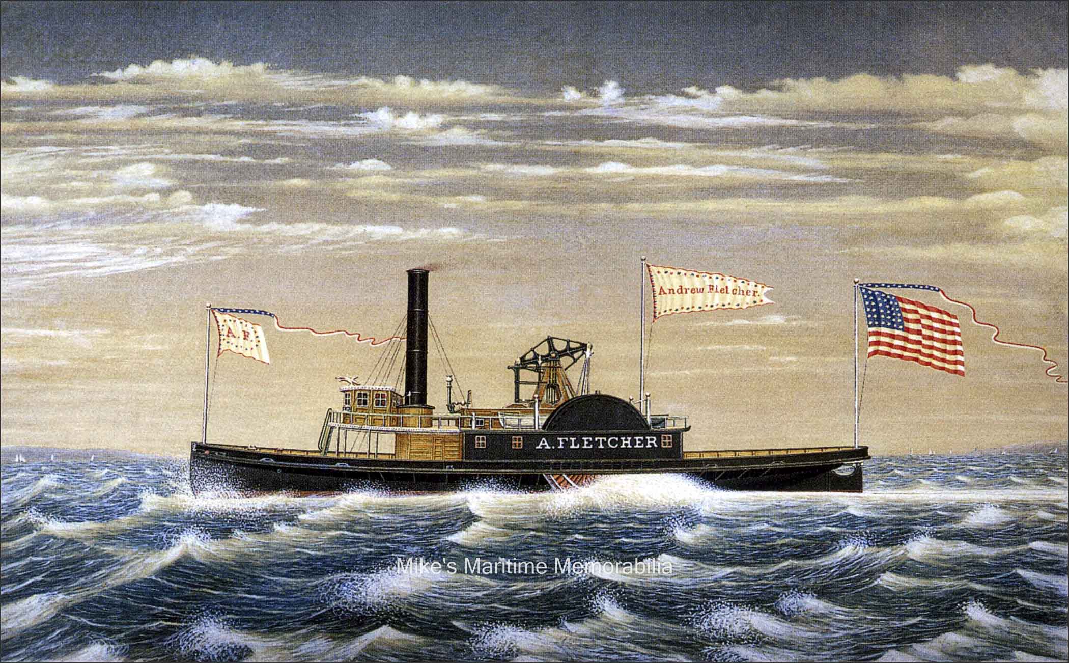 ANDREW FLETCHER, New York, NY – 1865 This 1865 painting of the "ANDREW FLETCHER" by James Bard is a good representation of the earliest towboats (now called tugboats) to operate on a part time basis from New York Harbor as what would later become known as the 'party boat' or 'head boat'. On Sundays during the 1860s and 1870s, there was very little towing business available and many New York harbor towboats took parties of anglers to "The Fishing Banks" during their off days. And during the summer months, it was common to see as many as 30 towboats anchored on the fishing grounds east of Sandy Hook, New Jersey. At the time, she sailed from Manhattan's East River under the guidance of veteran fishing pilot Samuel 'Sam' Greenwood. An advertisement for her dated June 29, 1865 announced "The New and Splendid Steamer ANDREW FLETCHER for the Fishing Banks". The 130 foot long, wood hulled "ANDREW FLETCHER" was built in 1864 by Morton & Edmonds at Athens, New York for the Fletcher Harrison & Co. who at the time manufactured marine steam engines. She was powered with a Fletcher Harrison & Co. coal-fired vertical walking beam steam engine and was named after Company Chairman, Andrew Fletcher. The engine had a single cylinder 36 inches diameter with an 8 foot stroke while the boiler was a lobster return flue type with a shell diameter of 7 feet 4 inches, a width at front of 9 feet, and a whole length 27 feet. The "ANDREW FLETCHER" had a top speed of 15 knots. The vessel was later owned by the Quarantine Commission of New York and on December 19, 1872, she caught fire while returning from Hoffman Island in Lower New York Bay and burned to the waterline. She was scrapped and her engine was salvaged and in 1873, installed in a newly built vessel, the "NELSON K. HOPKINS".