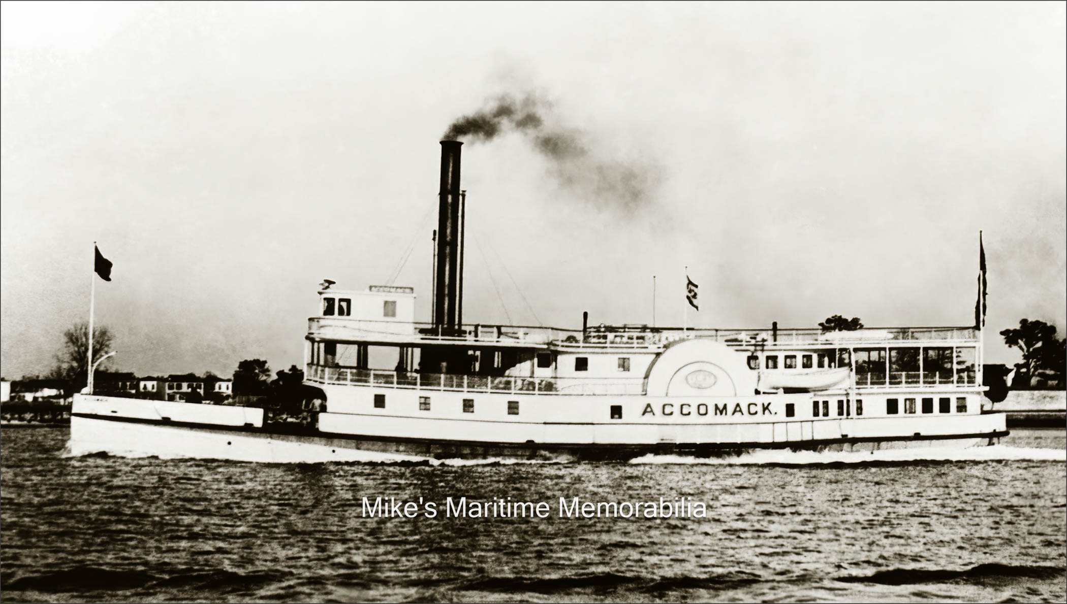 ACCOMACK, New York, NY – 1889 The "ACCOMACK" was another excursion steamer to join the Deep Sea Fishing trade. She was a 137-foot steamboat built in 1877 at Brooklyn, New York and sailed on a regular daily schedule from New York's East River to the fishing banks. A newspaper advertisement from September 1889 lists her as "Departing from the East 31st Street Pier at 6:35 AM and Beekman Street at 6:55 AM under the command of Fishing Pilot Henry Beebe. Fare for Gentlemen 75 cents, Ladies 50 Cents, Clubs of 5 for $3".
