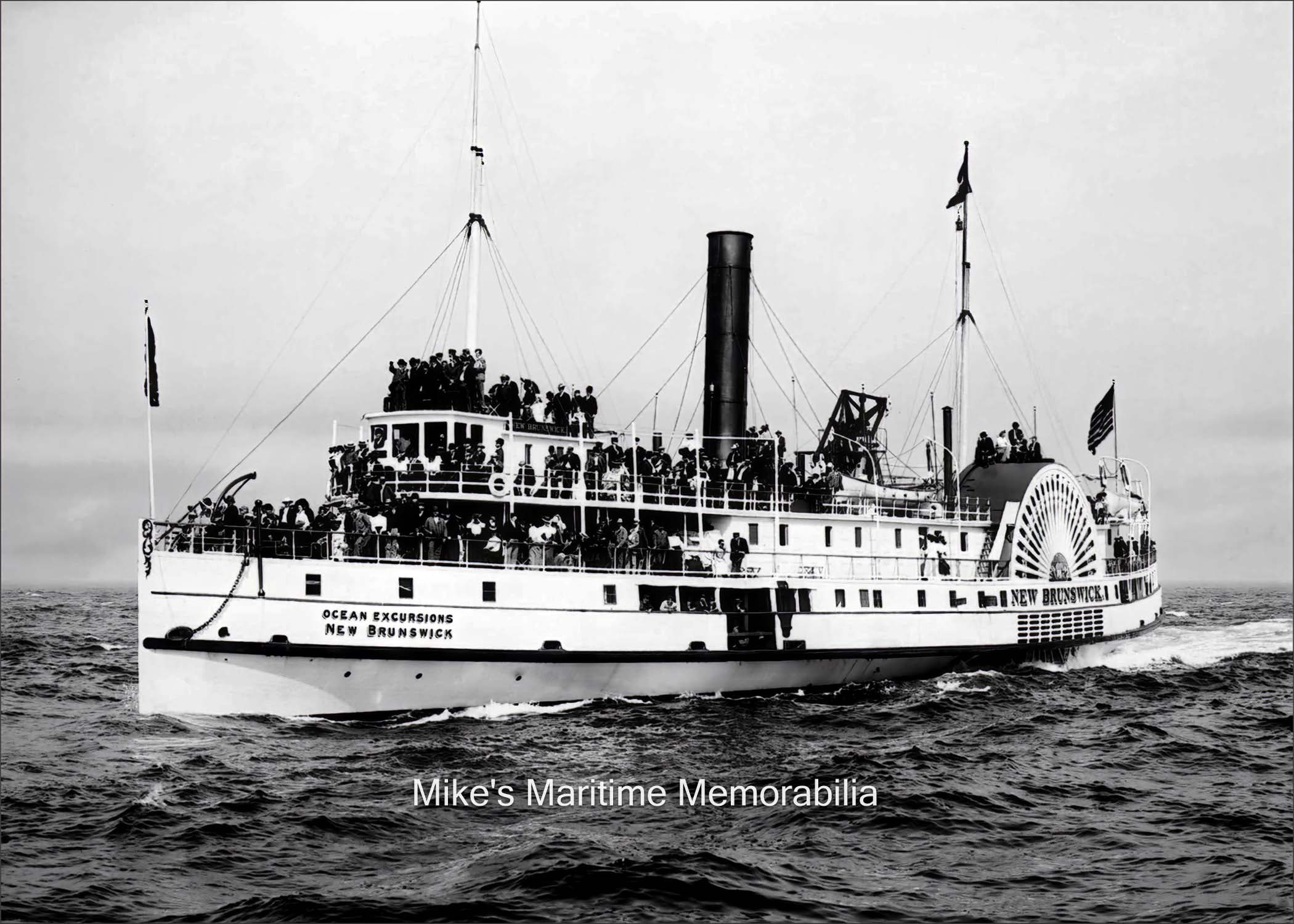 NEW BRUNSWICK, New York, NY – 1900 In 1900, the steamer "NEW BRUNSWICK" sailed to the "Fishing Banks" every day during the summer season. This triple decked steamboat departed from piers along New York's East River under the command of Captain James Lynch. Unlike the fishing steamboats "ANGLER", "EDMUND BUTLER" and "ST. MICHAELS" whose fares were 75 cents for Gents and 50 cents for Ladies, the "NEW BRUNSWICK" was a bargain and advertised all fares at 50 cents and children accompanied by an adult were free.