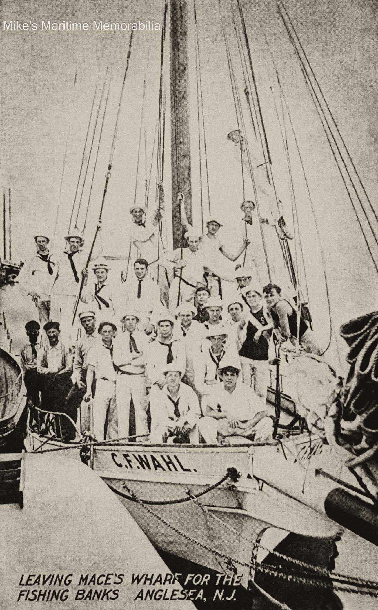 C.F. WAHL, Anglesea, NJ – 1905 "Leaving Mace's Wharf for the Fishing Banks". A large group of what appears to be cadets crowd the "C. F. WAHL" as she prepares to depart for a day of fishing in 1905. This sailing sloop was built in 1888 at Atlantic City, NJ and was one of nearly a hundred party fishing boats sailing from southern New Jersey at the time.