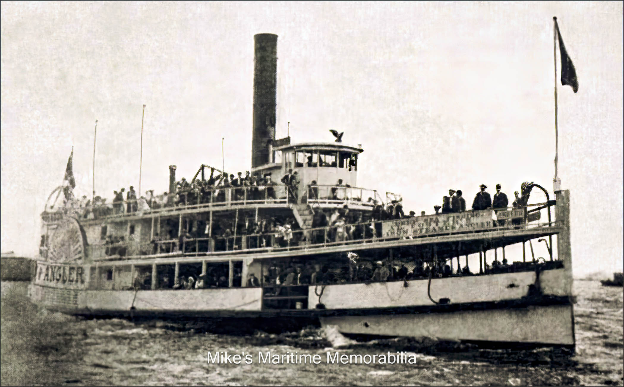 ANGLER, New York, NY – 1905 The "ANGLER" is seen here departing Manhattan's East River underway to the local fishing banks. This 166-foot side-wheeler was built in 1878 at Wilmington, DE as the excursion vessel "MARY MORGAN". She became the "ANGLER" in 1888 under the command of Captain Albert Foster. Captain Foster was one of the first true deep sea party boat captains and fishing pilots and is arguably the greatest party boat captain of all time. He was responsible for locating and naming several of the New York Bight's best fishing grounds including "Seventeen Fathoms".
