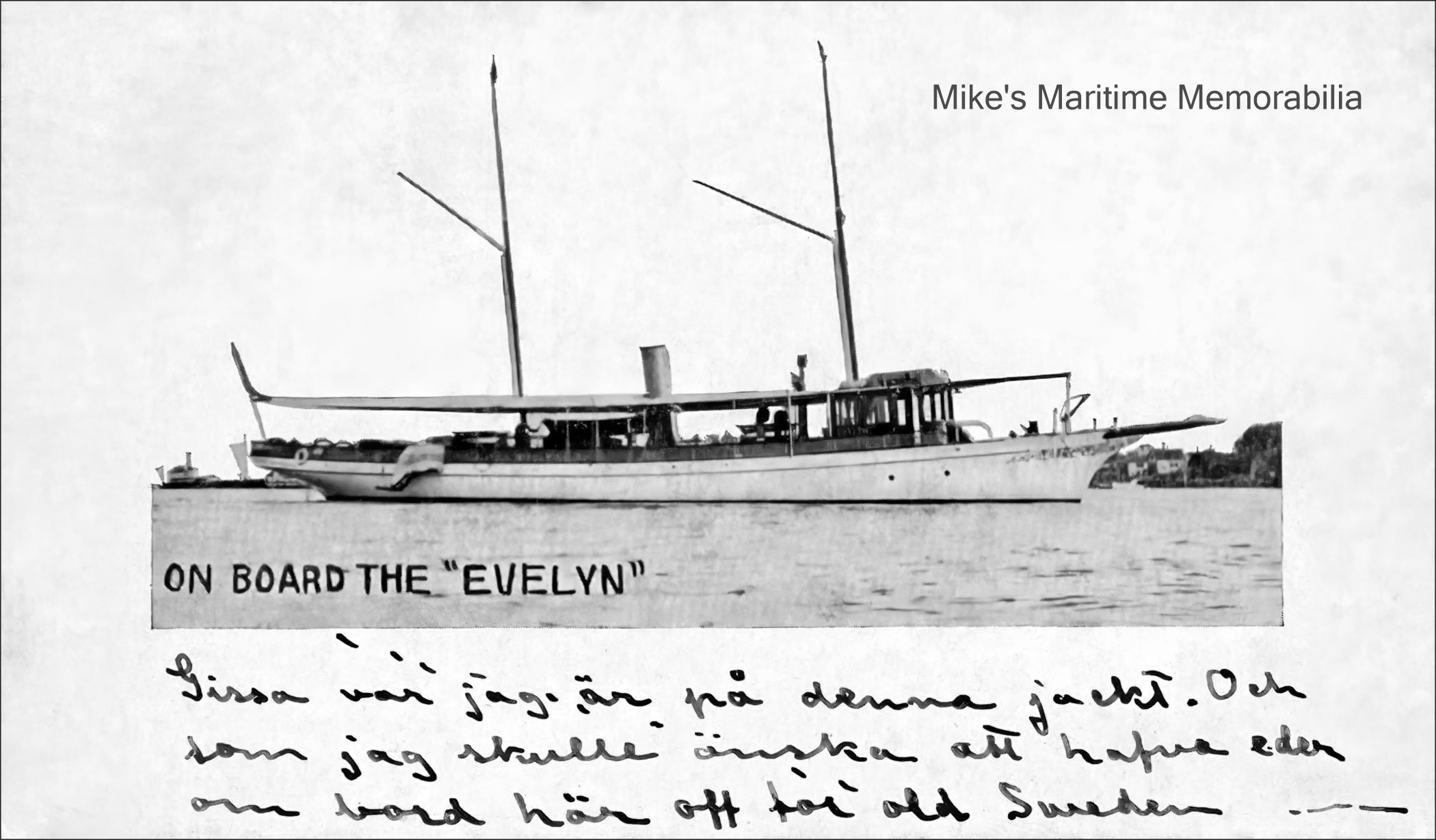 EVELYN, Brooklyn, NY – 1906 The steam yacht "EVELYN" is seen in this postcard before she was converted to a party fishing boat. Built in 1892 at Nyack, NY and originally named the "LINTA", she later became the "EVELYN" and was purchased by Captains Jacob and Dave Martin in 1911. She was the first of many converted steam yachts to operate as a party fishing boat from Sheepshead Bay, Brooklyn, NY.