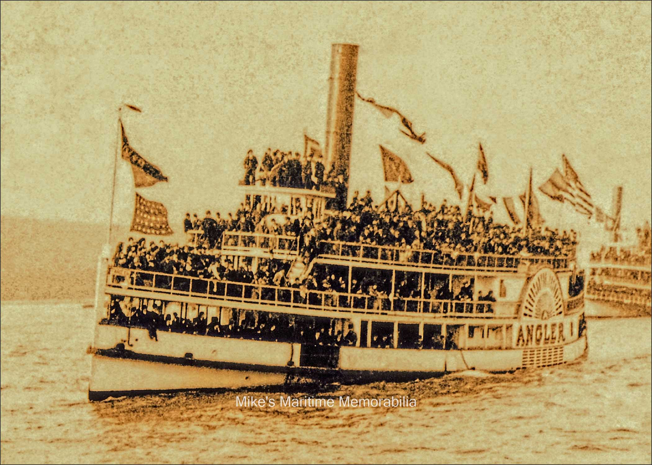 ANGLER, New York, NY – 1892 Now that's what we call being railed! The "ANGLER" (shown here during a non-fishing excursion trip) was a triple-decker steamboat that sailed on a regular schedule from Manhattan's East River to the fishing banks. This 166-foot sidewheeler was built in 1878 at Wilmington, DE as the excursion vessel "MARY MORGAN". She became Captain Al Foster's "ANGLER" in 1888 and was his first party fishing boat. Captain Foster was one of the first true deep sea party boat captains and pilots. He was responsible for locating and naming several of the New York Bight's best fishing grounds including 17 fathoms, Seagull Banks, England Banks and Middle Banks.