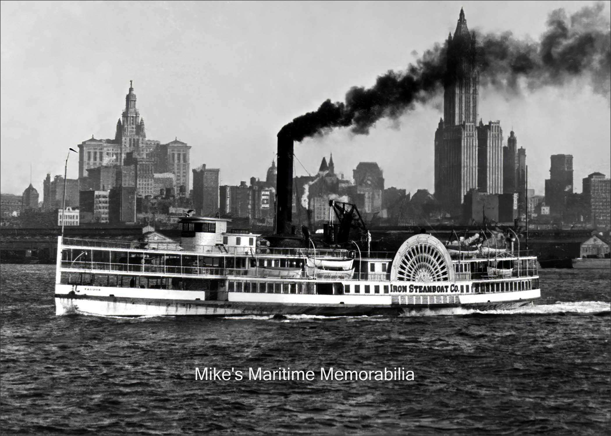 TAURUS, New York, NY – 1905 The "TAURUS" was a triple-decker sidewheeler steamboat built in 1881 at Philadelphia, PA. The "TAURUS" began deep sea fishing in 1904 and sailed from 'The Battery' at the southern tip of Manhattan. Her 234-foot iron hull had a beam of 32 feet and her sidewheels were 31 feet in diameter. At the time, she was one of several vessels in the "Iron Steamboat Co." fleet, but the only boat to offer daily deep sea fishing excursions.
