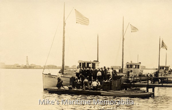 MURRAY’S DOCK, Wreck Lead, NY – 1916 The party boat fleet at Murray's Dock (also known as Murray's Fishing Station) located at Wreck Lead, Long Island, NY circa 1916. The first vessel is Captain Martin Murray’s "GEORGIE M.", behind her is Captain Charles Day's "COMMODORE" and the last vessel is the "ADMIRAL" owned by Martin Murray and operated by Captain Henry Wright. In the photo, a group of well-dressed folks are watching anglers sort their catch on the floating dock. Wreck Lead Channel was located between Long Beach and Island Park on Long Island.